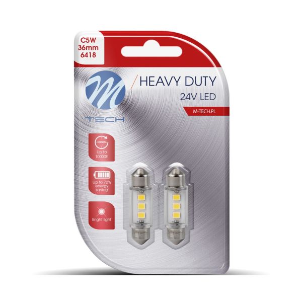 ΛΑΜΠΑΚΙΑ ΠΛΑΦΟΝΙΕΡΑΣ C5W 24V SV8,5 36mm 3xSMD2835 LED ΛΕΥΚΟ HEAVY DUTY BLISTER M-TECH - 2 Τεμ.