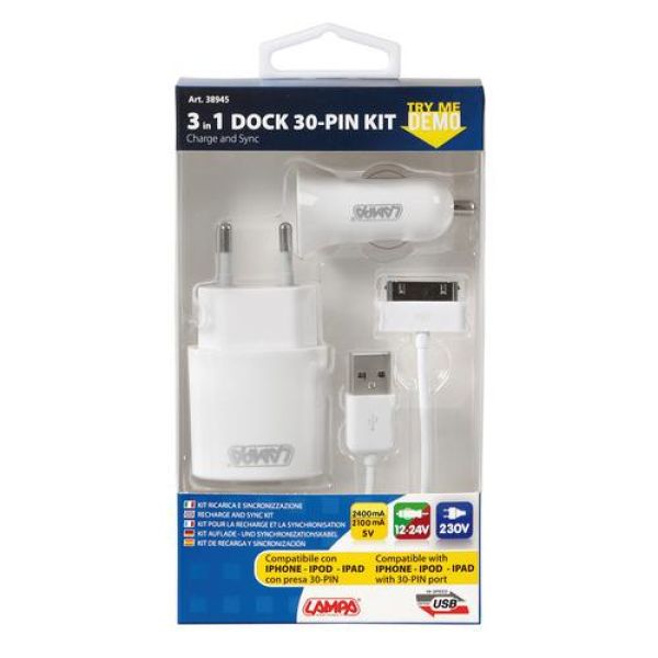 Καλώδιο Φορτισης / Συγχρονισμού USB για Apple 100cm 30pin με αντάπτορα USB αναπτήρα 12V/24V και αντάπτορα 220V