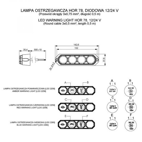 ΦΩΣ ΠΡΟΕΙΔΟΠΟΙΗΣΗΣ 12/24V HOR78 6W 4LED 143x35mm ΚΟΚΚΙΝΟ