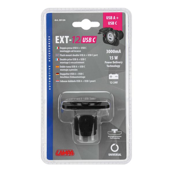 ΠΡΙΖΑ ΑΝΑΠΤΗΡΑ ΜΕ ΚΑΠΑΚΙ ΚΑΙ 2 ΘΥΡΕΣ USB (A+C) 12/24V 3000mA 15W ΜΑΥΡΗ FAST CHARGE LAMPA - 1 TEM.