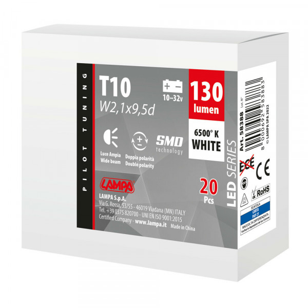 T10 10&gt;32V w2,1x9,5d 1SMDx1CHIP LED 130lm CAN-BUS ΔΙΑΘΛΑΣΗΣ ΛΕΥΚΟ ΚΟΥΤΙ  LAMPA - 20 ΤΕΜ