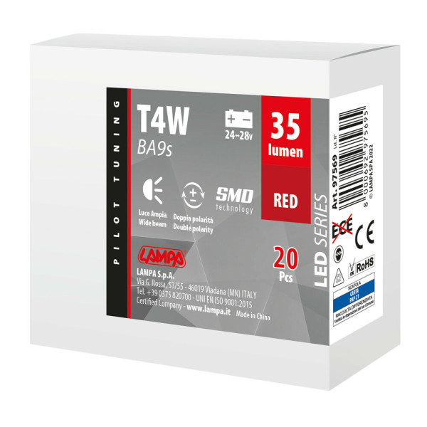 T4W BA9s 24/28V 5SMDx1CHIP LED 35lm ΚΟΚΚΙΝΟ ΚΟΥΤΙ LAMPA - 20 ΤΕΜ.