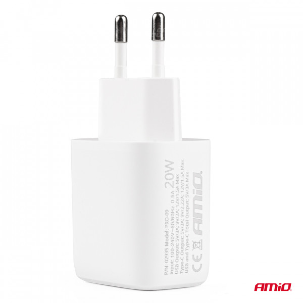 ΦΟΡΤΙΣΤΗΣ ΠΡΙΖΑΣ ΚΙΝΗΤΟΥ USB + USB TYPE C 220V 20W 5V/3A, 9V/2A, 12V/1,5A PRO-09 AMIO - 1 ΤΕΜ.