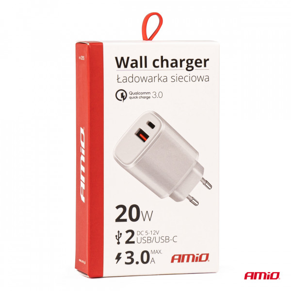 ΦΟΡΤΙΣΤΗΣ ΠΡΙΖΑΣ ΚΙΝΗΤΟΥ USB + USB TYPE C 220V 20W 5V/3A, 9V/2A, 12V/1,5A PRO-09 AMIO - 1 ΤΕΜ.